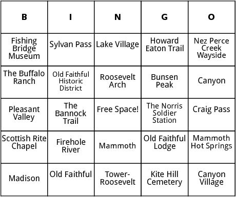 yellowstone national park bingo
