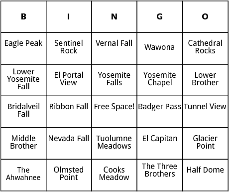 yosemite park bingo