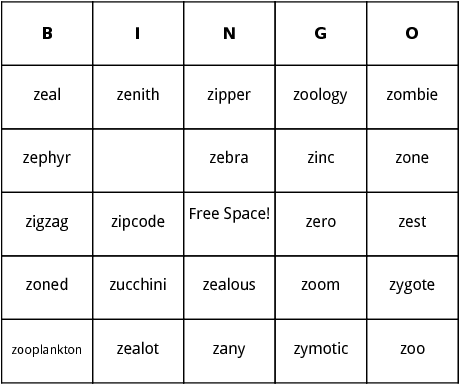 z words bingo