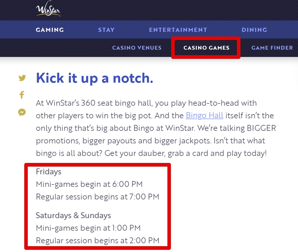 Bingo game schedule in Winter Casino
